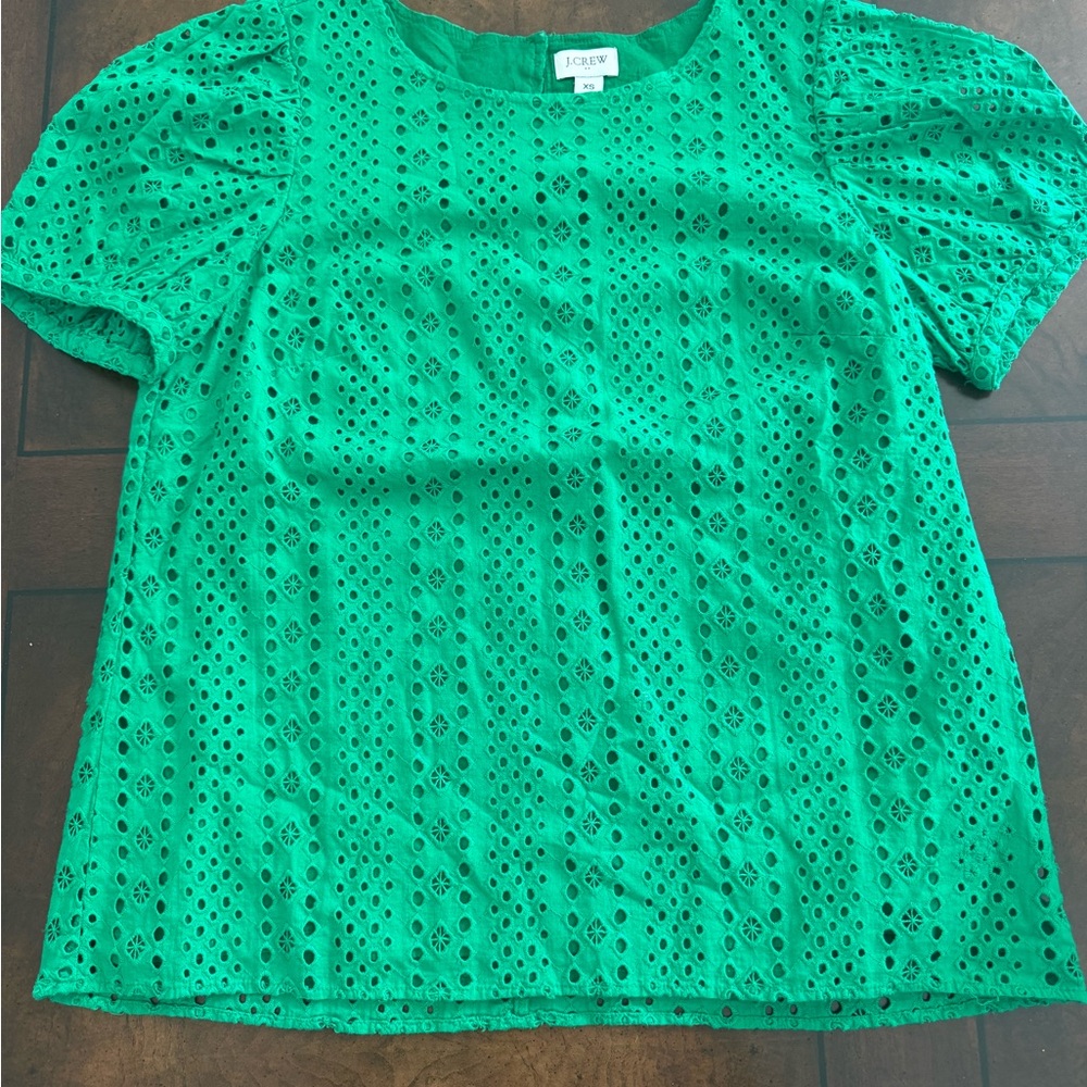 J. Crew Emerald Green Eyelet Puff Sleeve Blouse